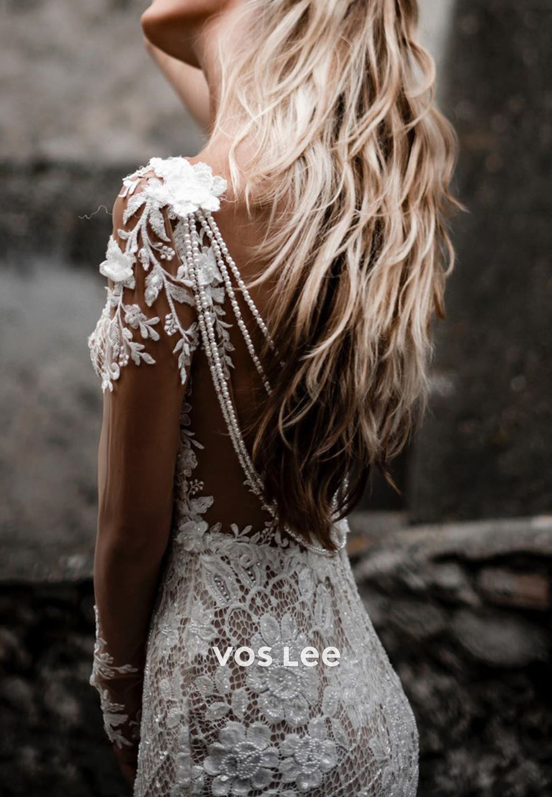 Backless Pearls Appliques Lace V Neck Mermaid Wedding Dresses with Swe VOS LEE Backless Pearls Appliques Lace V Neck Mermaid Wedding Dresses with Swe VOS LEE