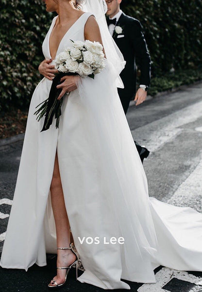 Classic & Timeless A-Line V Neck Split Pleated Satin Wedding Dresses with Chapel Train