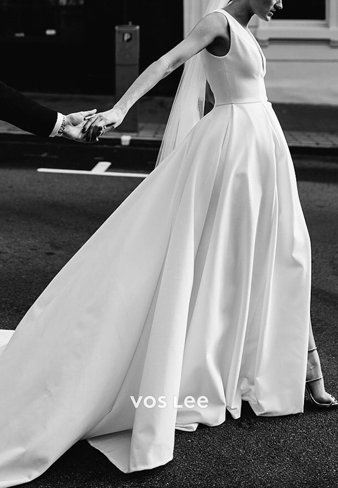 Classic & Timeless A-Line V Neck Split Pleated Satin Wedding Dresses with Chapel Train