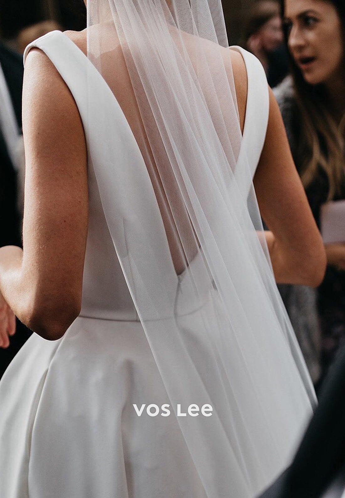 Classic & Timeless A-Line V Neck Split Pleated Satin Wedding Dresses with Chapel Train