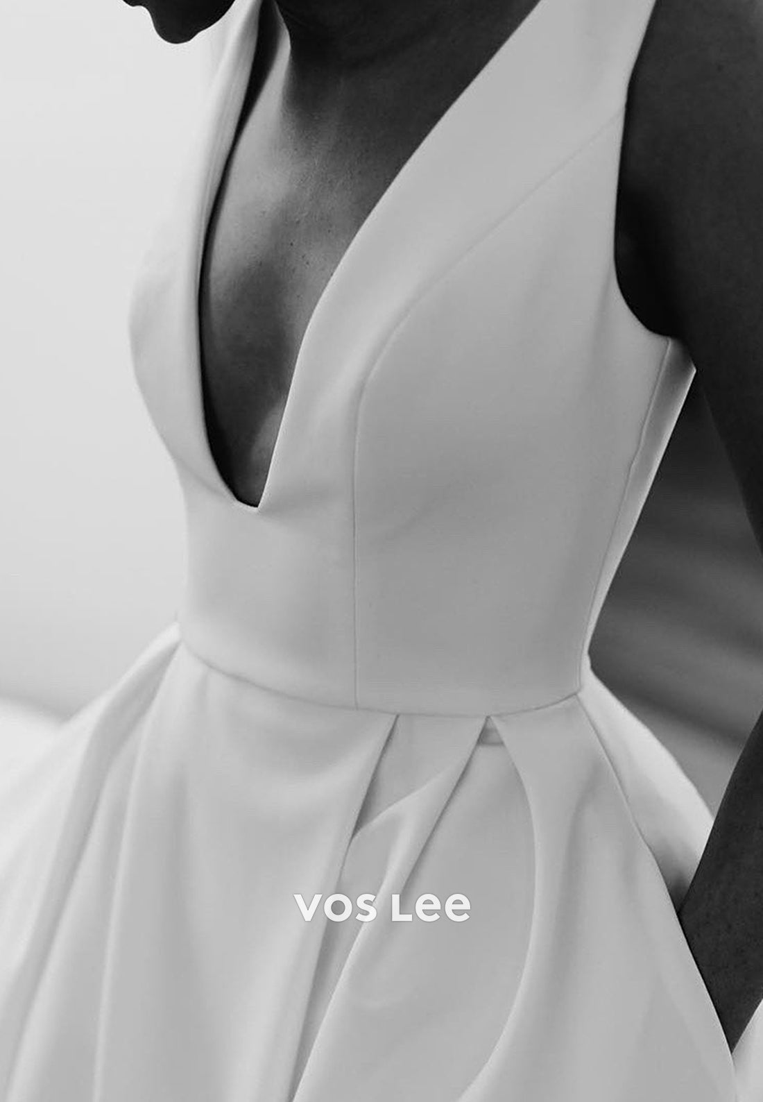 Classic & Timeless A-Line V Neck Split Pleated Satin Wedding Dresses with Chapel Train