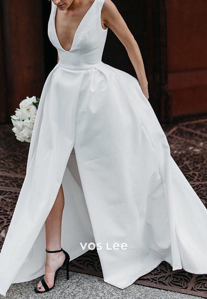 Classic & Timeless A-Line V Neck Split Pleated Satin Wedding Dresses with Chapel Train