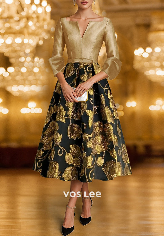 A-Line 3/4 Sleeve V Neck Floral Embossed Tea-Length Evening Dresses