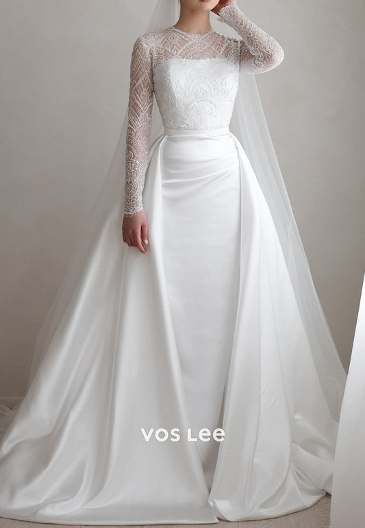 Long Sleeve Scoop Illusion Neck Appliques Wedding Dresses with Court Train