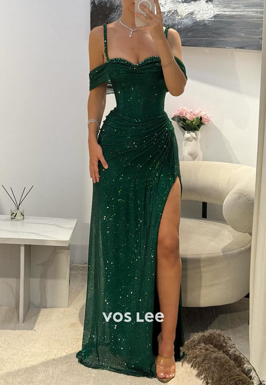Dark Green Spaghetti Straps Rhinestone Sheath Prom Dresses with High Split