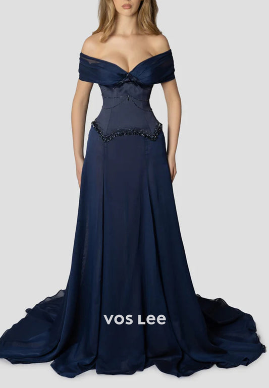 Classic & Timeless A-Line Off the Shoulder Beading Pleated Evening Dresses with Court Train