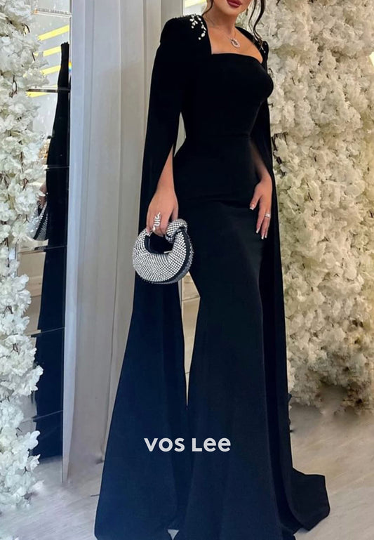 Couture & Ornate Long Sleeve Square Rhinestone Mermaid Floor-Length Evening Dresses