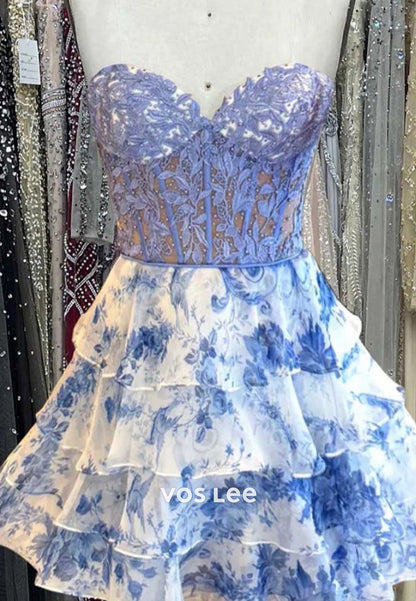 A-Line Sweetheart Appliques Lace Strapless Homecoming Dresses with Tiered