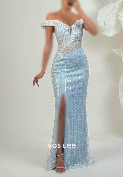 Off the Shoulder Fully Beading Sequins Pleated Sheath Evening Dresses with Side Split