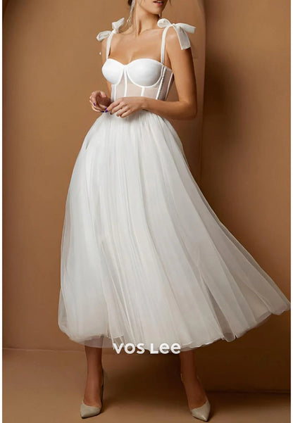 A-Line Spaghetti Straps Bowknot Sweetheart Pleated Simple Tea-Length Wedding Dresses