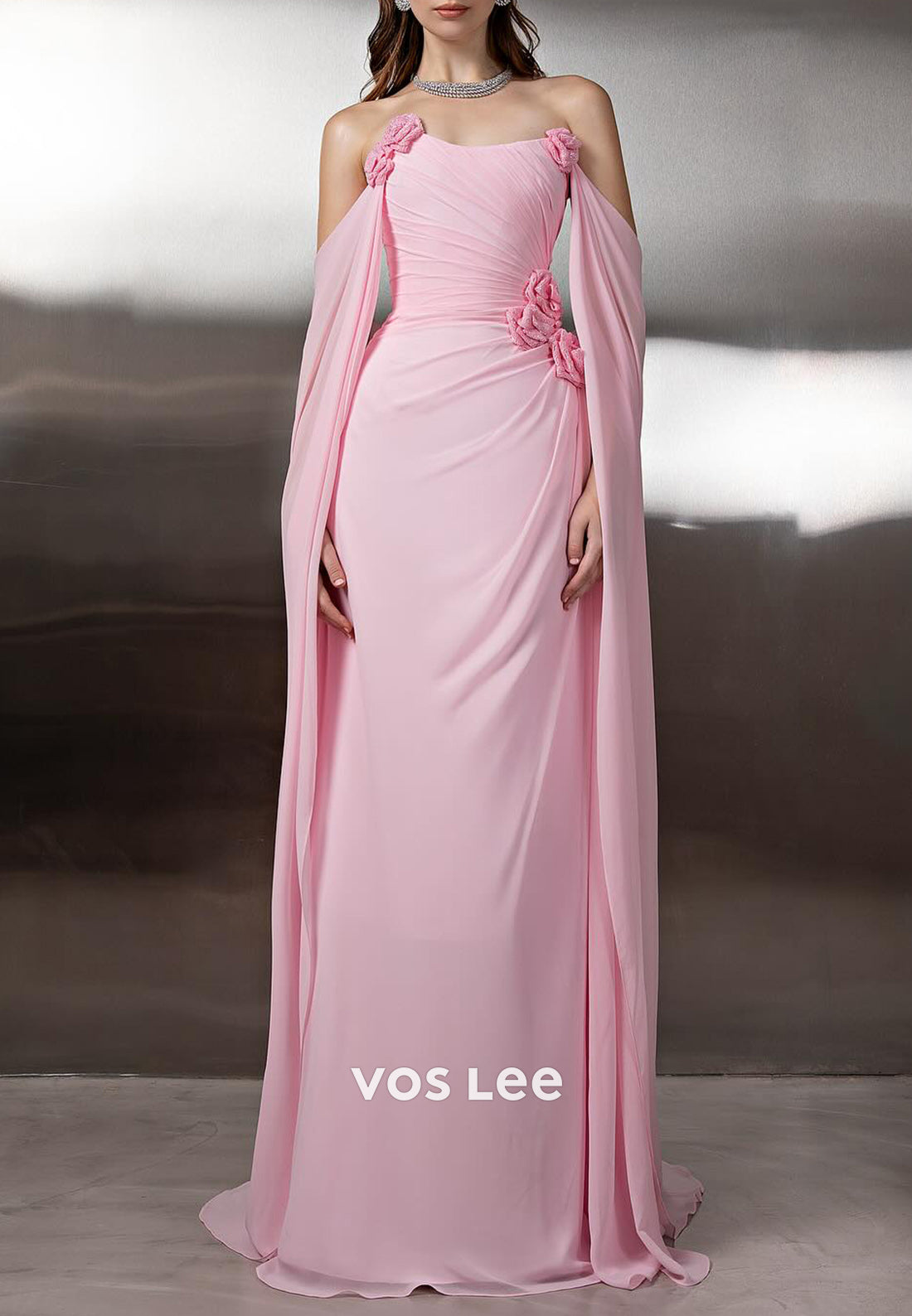 Chiffon Strapless Floral Embellished Pleated Sheath Prom Dresses