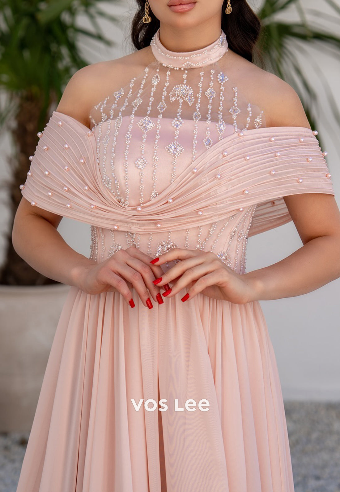 Blushing Pink A-Line Off the Shoulder Beaded Sequins Pleated Prom Dresses