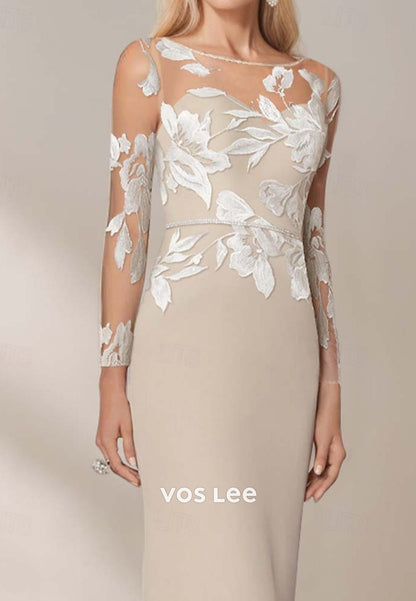 Long Sleeve Illusion Neck Appliques Lace Floor-Length Sheath Mother of Bride Dresses