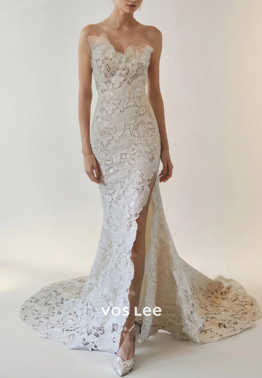 Strapless Asymmetrical Neck Appliques Lace Mermaid Wedding Dresses with Sweep Train