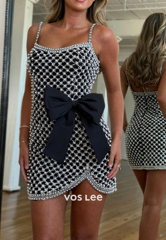 Spaghetti Straps Rhinestone Bowknot Pearl Embellished Sheath Homecoming Dresses