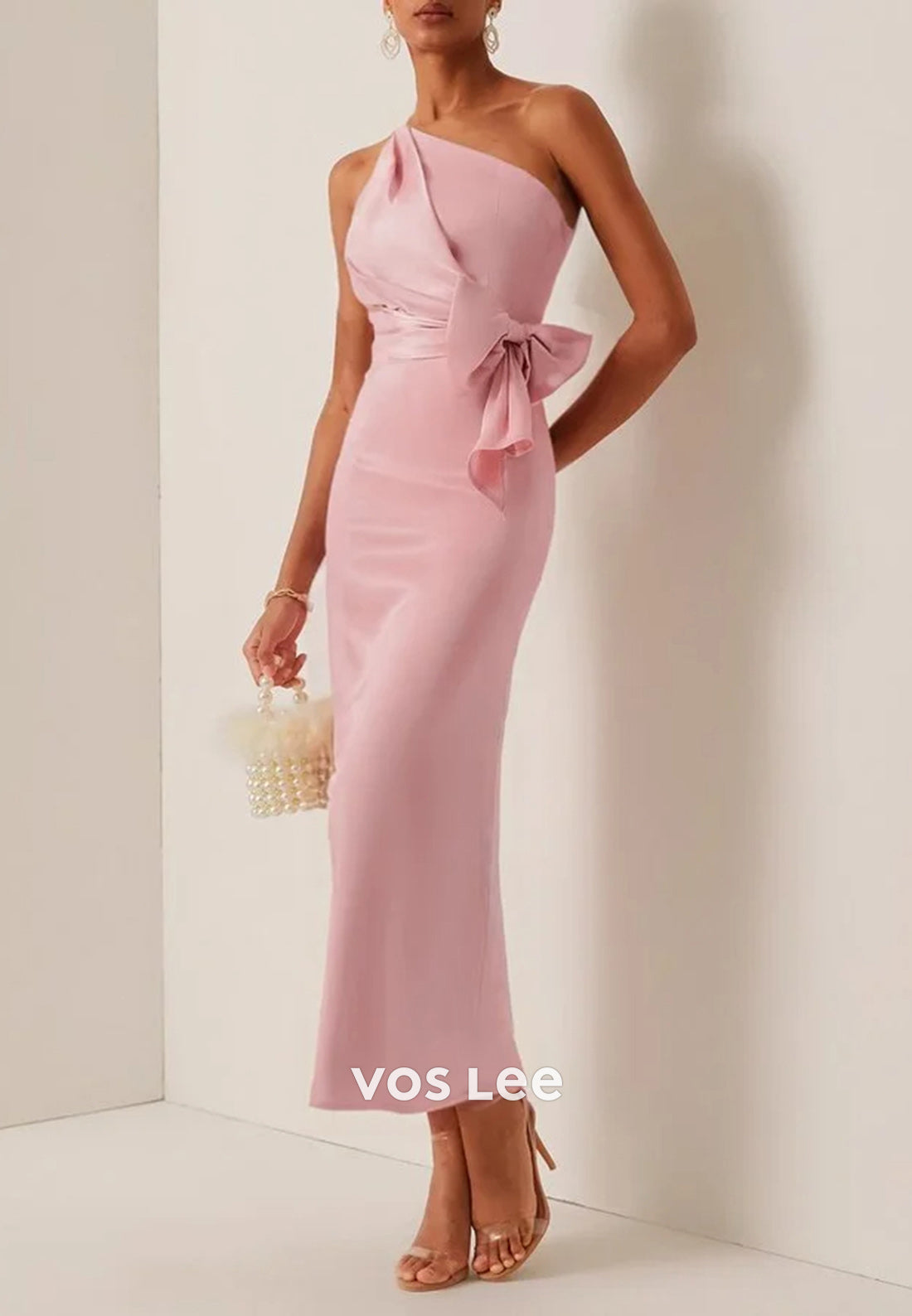 Pink One Shoulder Pleated Bowknot Sheath Ankle-Length Wedding Guest Dresses