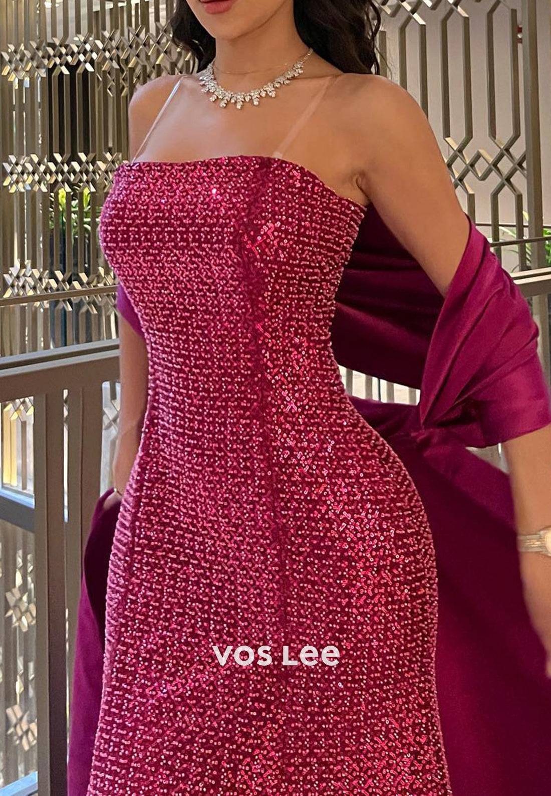 Strapless Sequins Embellished Pleated Long Mermaid Evening Dresses with Court Train
