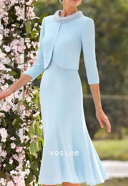 Sky Blue 3/4 Sleeve Scoop Beaded Tea-Length Mermaid Mother of Bride Dresses
