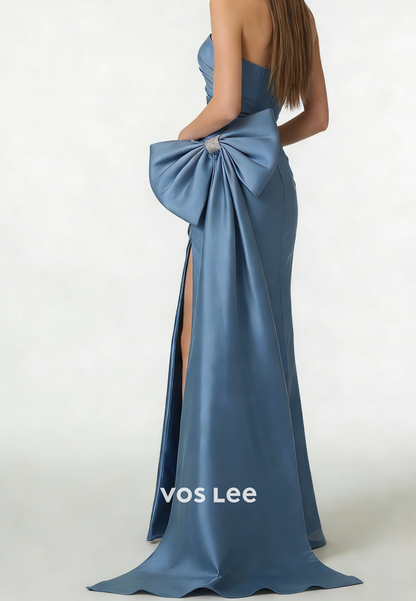 Elegant Sheath Strapless Satin Pleated Slit Long Prom Dress with Bow