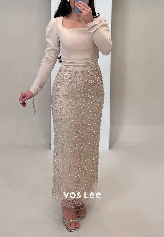 Long Sleeve Square Beaded Embellished Ankle-Length Mermaid Evening Dresses