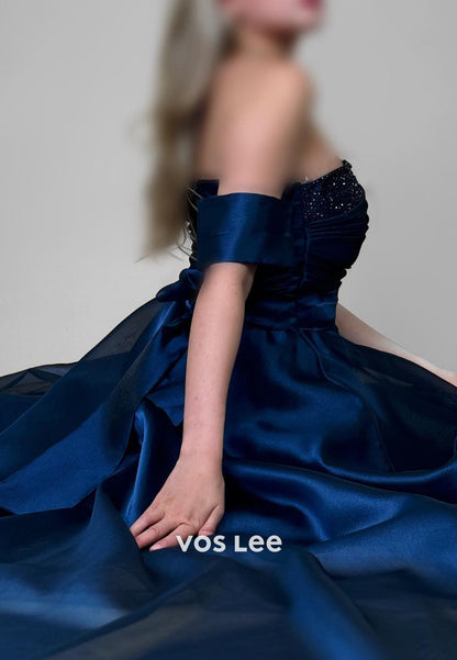 Classic A-Line One Shoulder Beading Pleated Split Evening Dresses with Sweep Train
