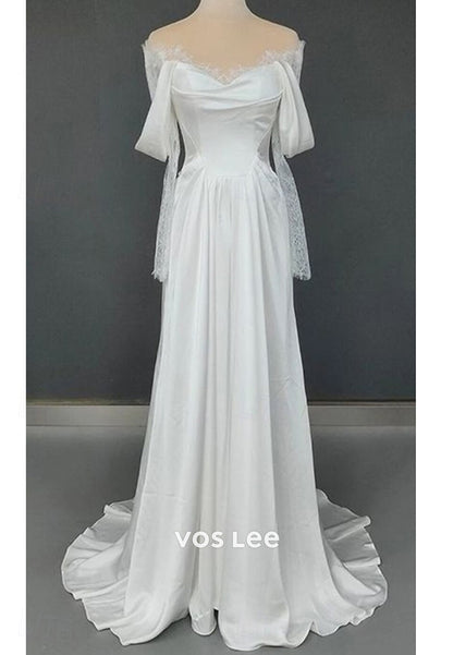A-Line Long Sleeve Sweetheart Appliques Lace Pleated Wedding Dresses with High Split