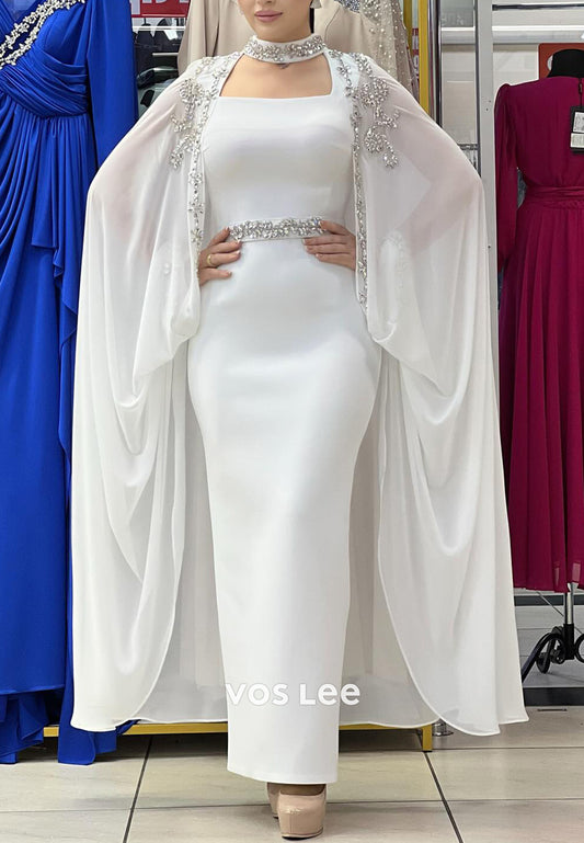 Empire Waist Square Rhinestone Embellished Ankle-Length Mermaid Evening Dresses