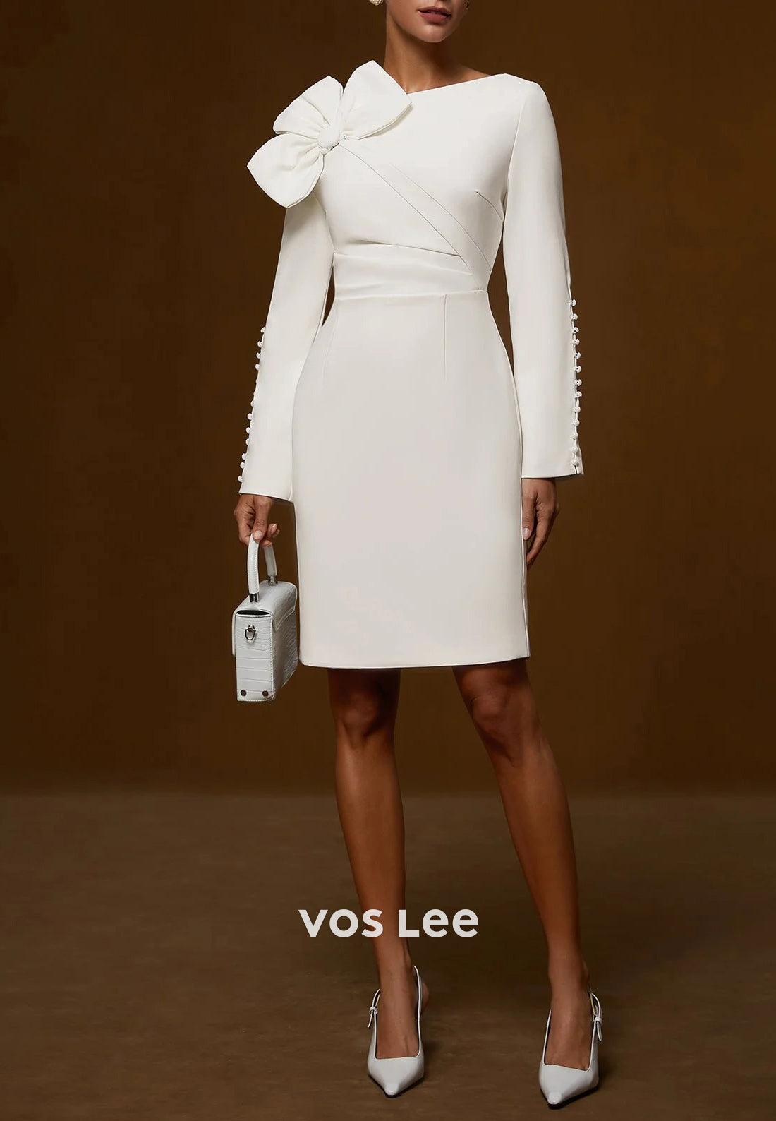 Glamorous & Dramatic Long Sleeve Scoop Bowknot Short Pleated Wedding Guest Dresses