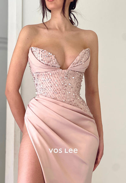 Sexy and Sleek Beaded Sweetheart Pleated Mermaid Evening Dresses with High Split