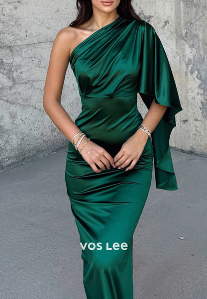 Classic One Shoulder Pleated Mermaid Evening Dresses with High Split