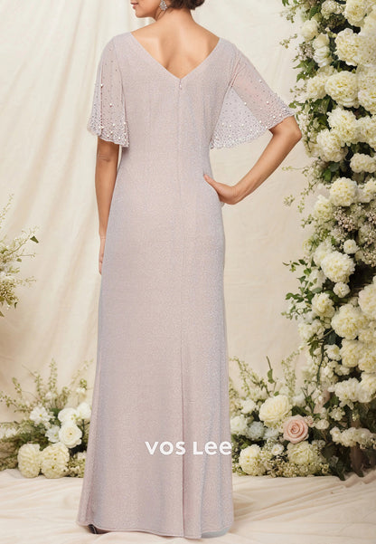 A-Line Flutter Sleeves Scoop Rhinestone Ruched Mother of Bride Dresses with Side Split
