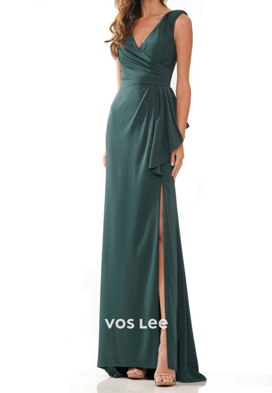 Simple V Neck Sheath Pleated Mother of Bride Dresses with High Split