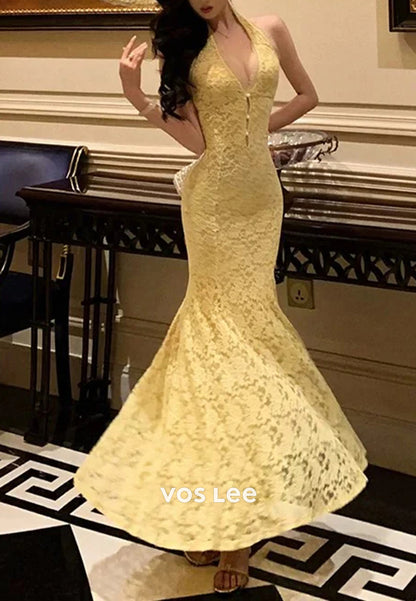 Classic & Timeless Halter Appliques Lace Ankle-Length Pleated Trumpet Evening Dresses