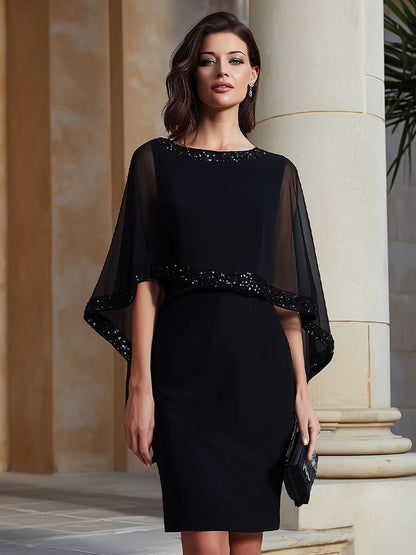 Mbellished Cape-Sleeve Sheath Dress