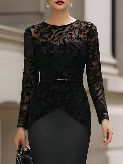 Velvet Embossed Long Sleeve Dress With Belt