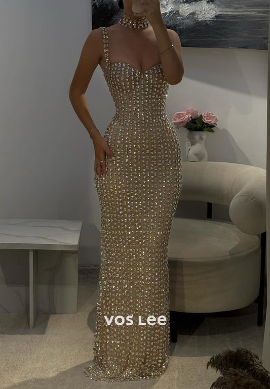 Spaghetti Straps Sweetheart Rhinestone Floor-Length Sheath Prom Dresses