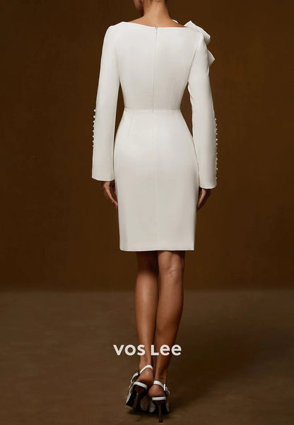 Glamorous & Dramatic Long Sleeve Scoop Bowknot Short Pleated Wedding Guest Dresses