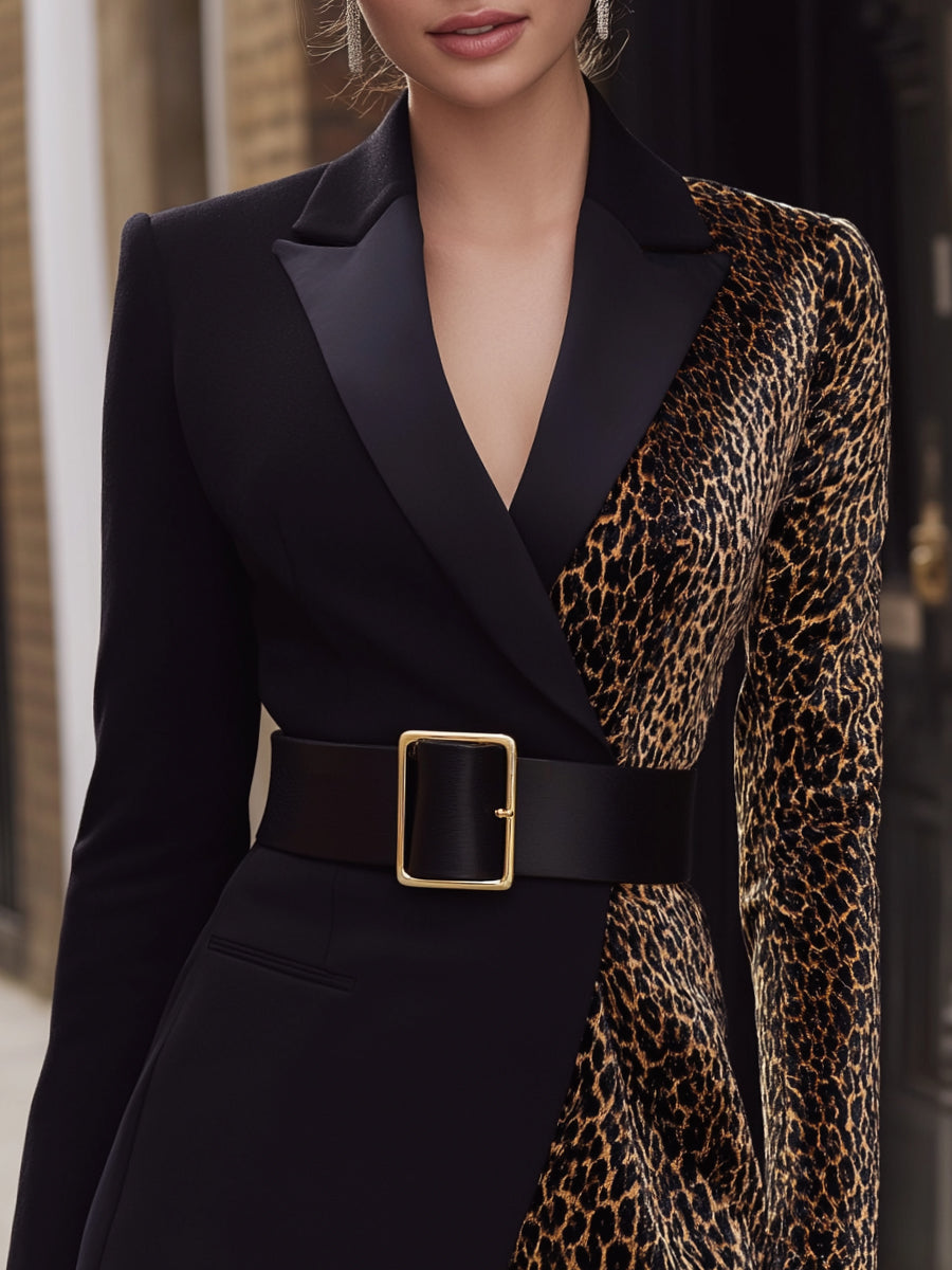 Leopard Print Blazer Dress With Satin Lapel