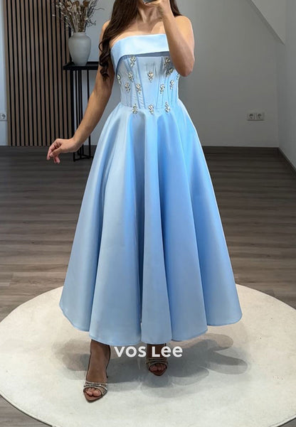 Beaded Crystal Strapless A-Line Satin Homecoming Evening Prom Dress Ball Gown