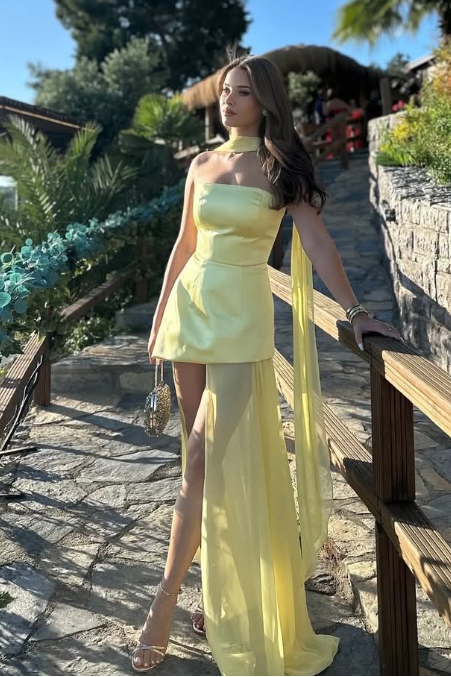 Yellow A Line Casual Prom Dresses Chiffon Wedding Guest Dress with Slit