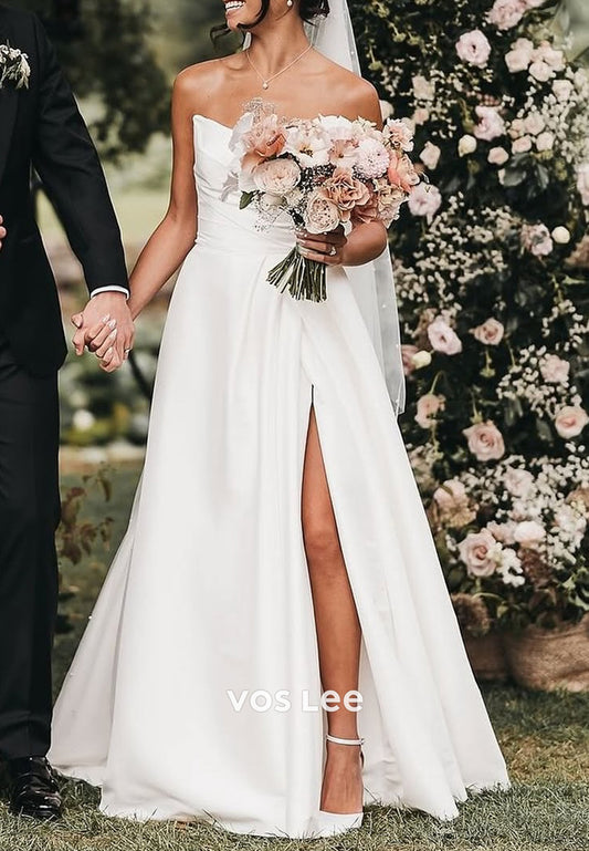 Simple A-Line Strapless Scoop Ruched Wedding Dresses with Court Train