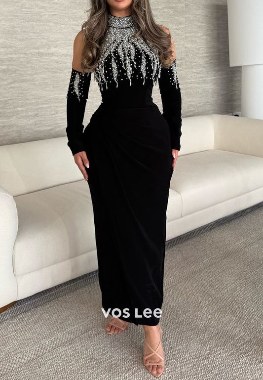 Long Sleeve Halter Rhinestone Embellished Ankle-Length Sheath Evening Dresses