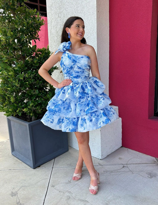 Gorgeous A Line One Shoulder Blue Printed Short Homecoming Dress with 3D Flowers