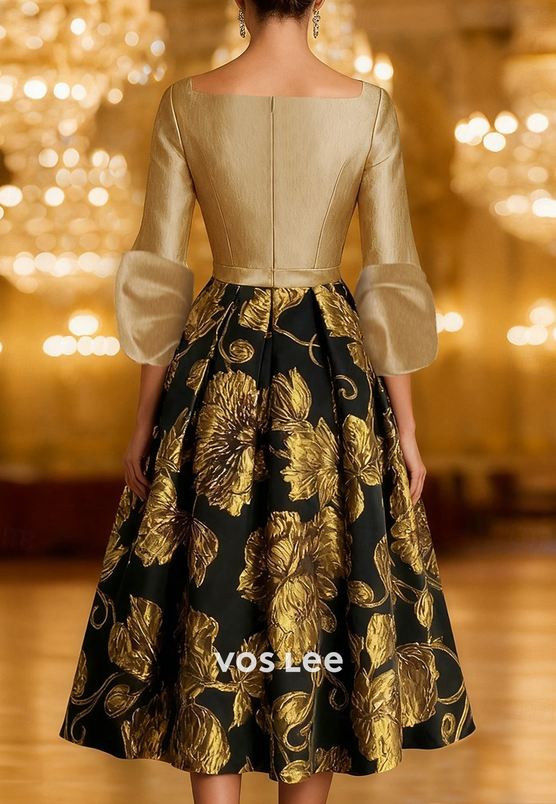 A-Line 3/4 Sleeve V Neck Floral Embossed Tea-Length Evening Dresses