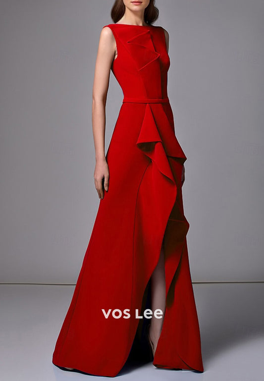 Couture & Ornate  A-Line Scoop Floor-Length Pleated Evening Dresses with High Split