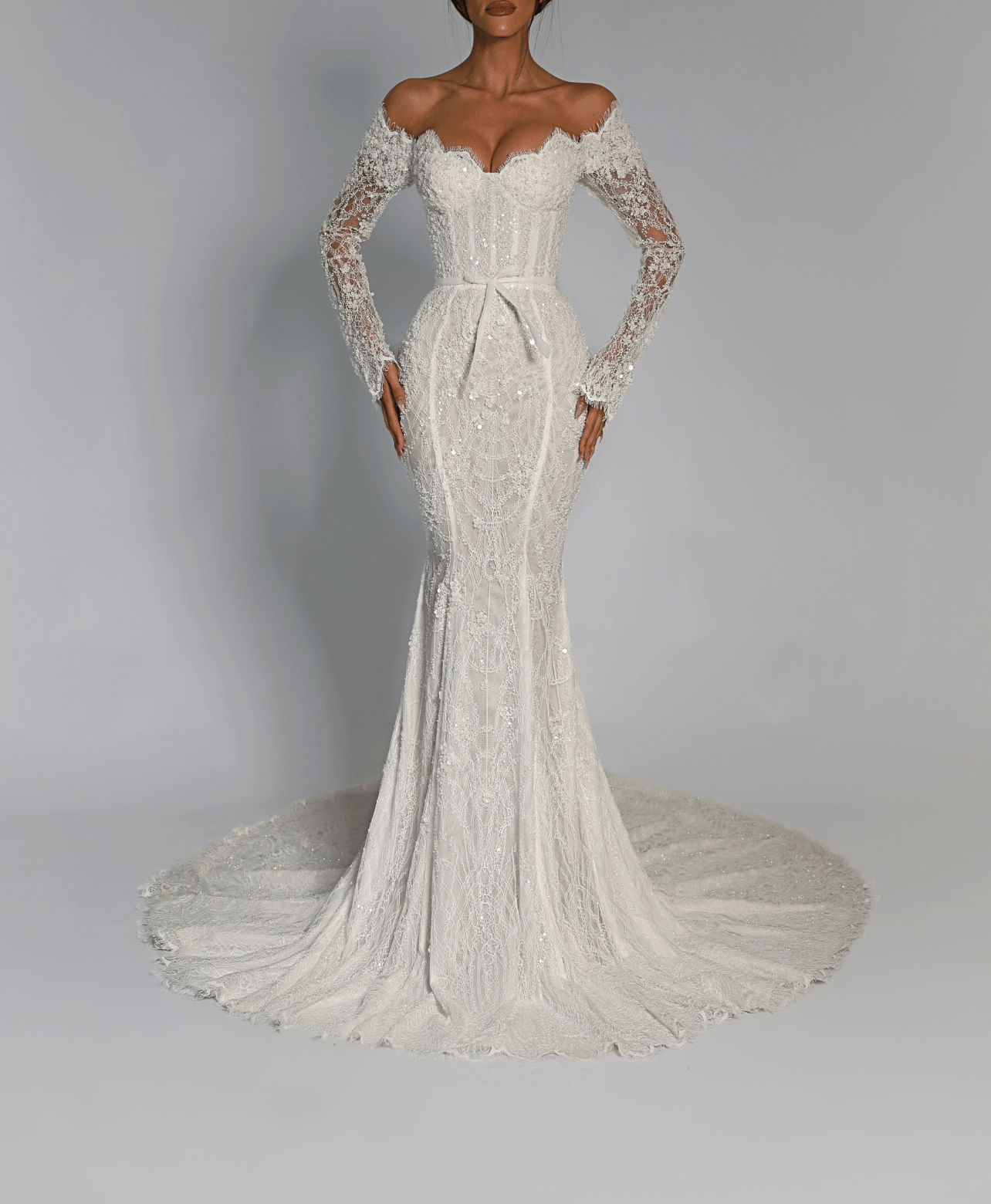 Royal Lace Cathedral Train Wedding Gown – Modern Princess Bridal Look