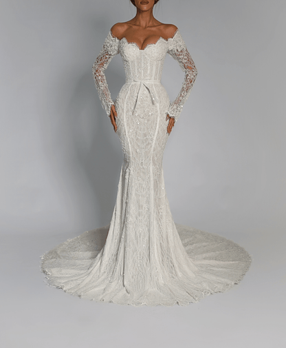 Royal Lace Cathedral Train Wedding Gown – Modern Princess Bridal Look