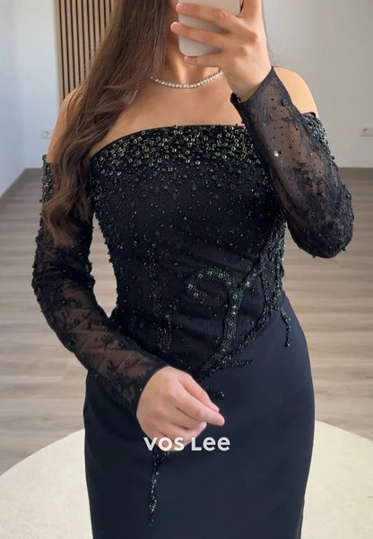 Sparkling Long Sleeve Off the Shoulder Mermaid Evening Dresses with Sweep Train