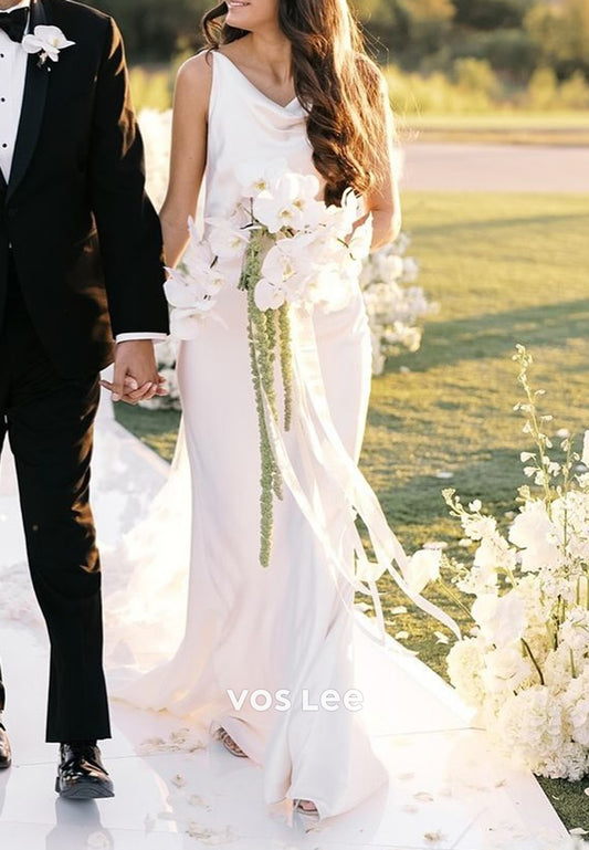 Classic V Neck Backless Satin Pleated Wedding Dresses with Sweep Train