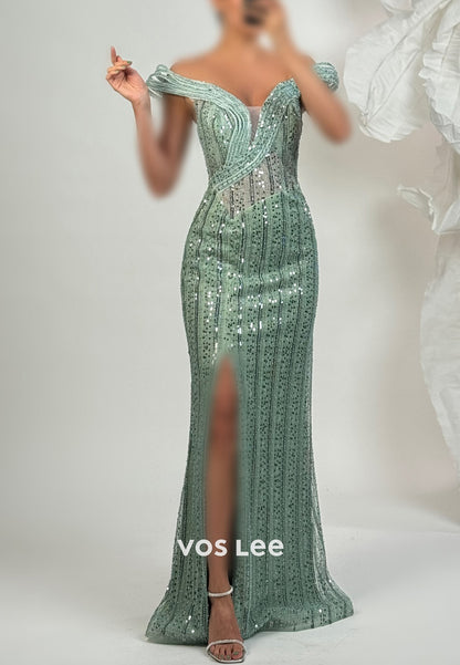 Off the Shoulder Fully Beading Sequins Pleated Sheath Evening Dresses with Side Split
